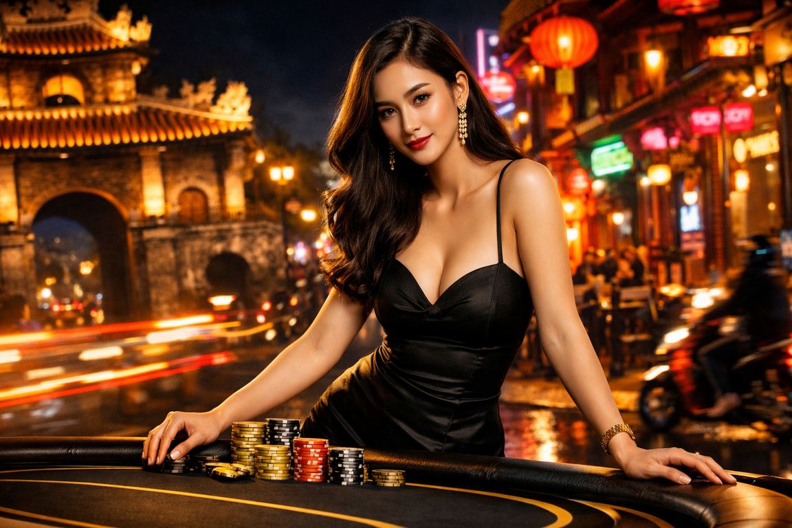 Không gian neon sáng tại Huế với biểu tượng VIP và tiền thưởng casino trực tuyến