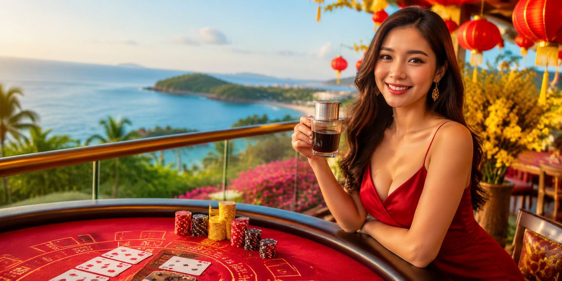 Người chơi Baccarat tại Phú Quốc ngồi cà phê tra cứu ưu đãi casino trên laptop